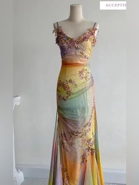 La Femme Fairycore Rainbow Silk Dress Floral Appliqué 2000s - Damaged